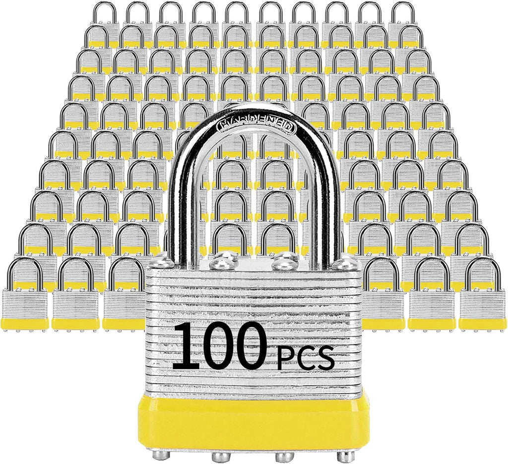 Padlocks with Same Key, LQYN 100 Pcs Laminated Keyed Padlock (1-9/16', 40mm), Keyed Alike Locks, Normal Shackle, for Storage Locker, Hasp Latch, Toolbox, Sheds