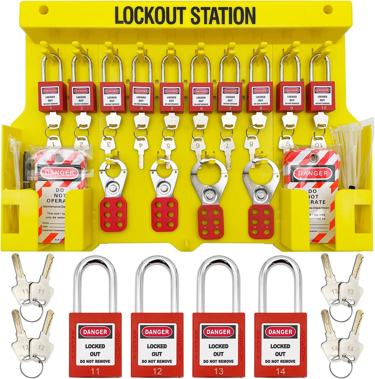 Lockout Tagout Station,Loto Kits, Includes 14 Key Different Padlocks with Numbers, 4 Lockout Hasps, 40 Lockout Tags, 20 Nylon Cable (Big Lock Station) Yellow