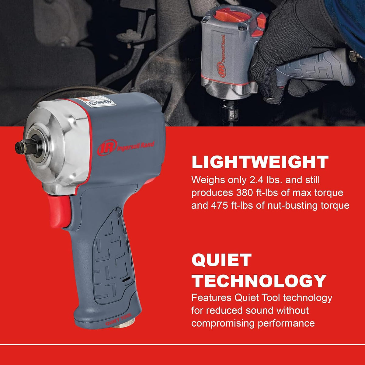 Ingersoll Rand 15QMAX 3/8' Air Impact Wrench, Quiet, Ultra Compact, 475 ft-lbs Nut-busting Torque,