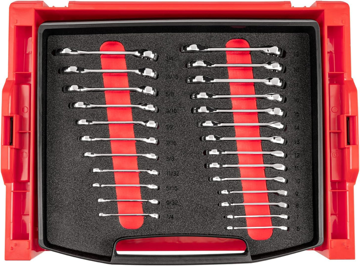 TEKTON Stubby Combination Wrench Set with Open Top Drawer and Rack, 25-Piece (1/4-3/4 in., 6-19 mm) | OLB94205