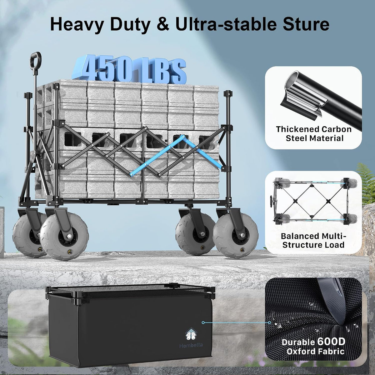 Beach Wagon with Big Wheels for Sand, 450LBS Heavy Duty Foldable Collapsible Wagons Carts with 9' All Terrain Inflatable Tires, Adjustable Capacity 200L–380L for Groceries, Camping, Sports