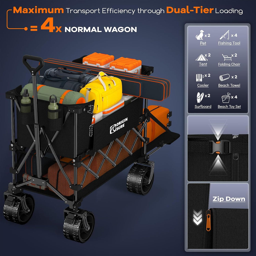 Originsure 400L Double Decker Wagon Collapsible with 54' L Tailgate, 560lbs Heavy Duty Carts Foldable, Extra Large Folding Beach Wagon with Big All-Terrain Wheels for Camping, Sports, Groceries, Black