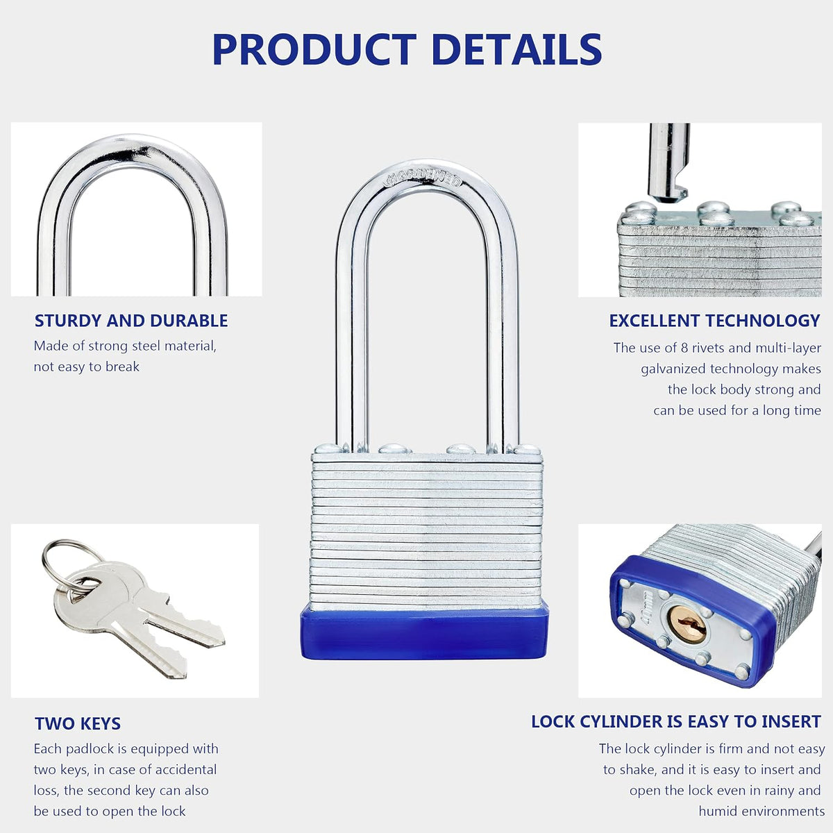 Lock Outdoor Padlocks, Laminated keyed Padlock, 1-9/16 in Wide Body, Padlock Set with Keys, Long Shackle (60Pack)