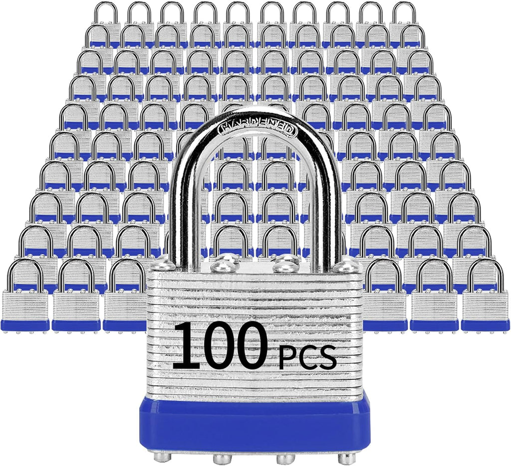 Padlocks with Same Key, LQYN 100 Pcs Laminated Keyed Padlock (1-9/16', 40mm), Keyed Alike Locks, Normal Shackle, for Storage Locker, Hasp Latch, Toolbox, Sheds