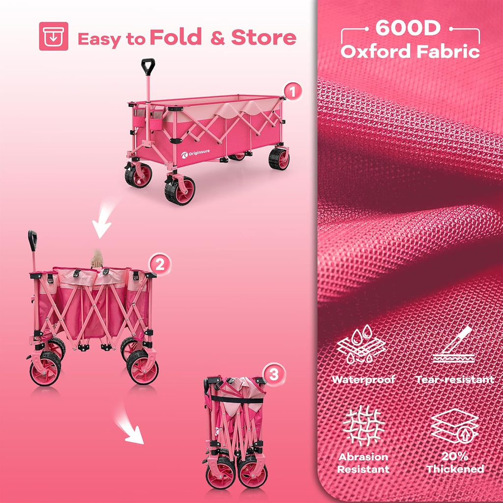 Originsure 48' L Collapsible Wagon Cart Foldable, 560lbs Weight Capacity 300L Heavy Duty Folding Beach Wagons with Big All-Terrain Wheels, Utility Carts for Groceries, Camping, Sports - Pink