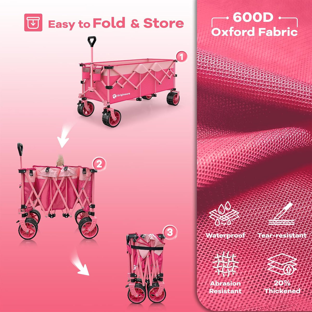 Originsure 48' L Collapsible Wagon Cart Foldable, 560lbs Weight Capacity 300L Heavy Duty Folding Beach Wagons with Big All-Terrain Wheels, Utility Carts for Groceries, Camping, Sports - Pink