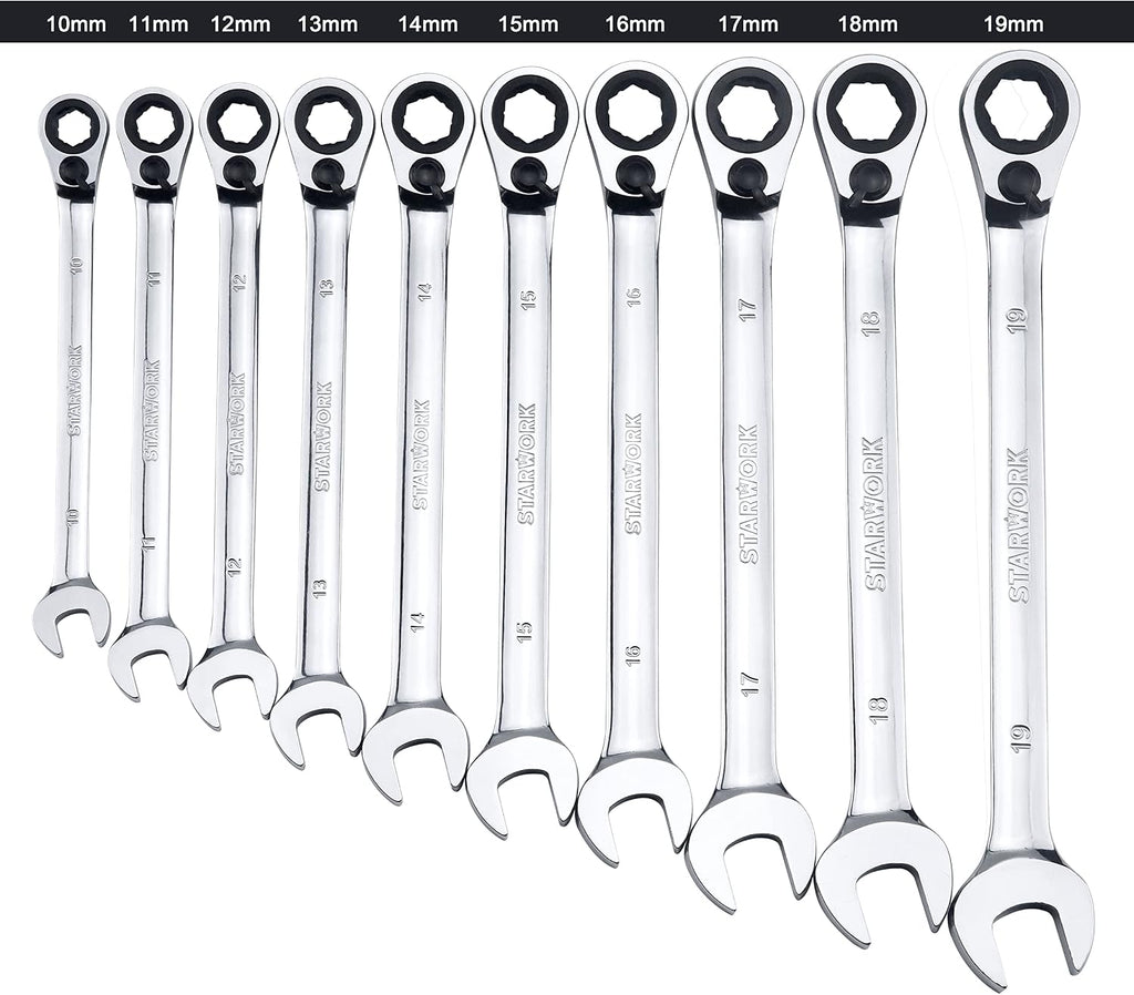 STARWORK TRUE MECHANIC™ 20 Pc. Reversible Ratcheting Wrench Set, Combination Ratchet Wrench Set, Non-Slip, Long Pattern, 6-Point 15° Offset, Professional, SAE/Metric (5/16-3/4' & 8-19 mm)