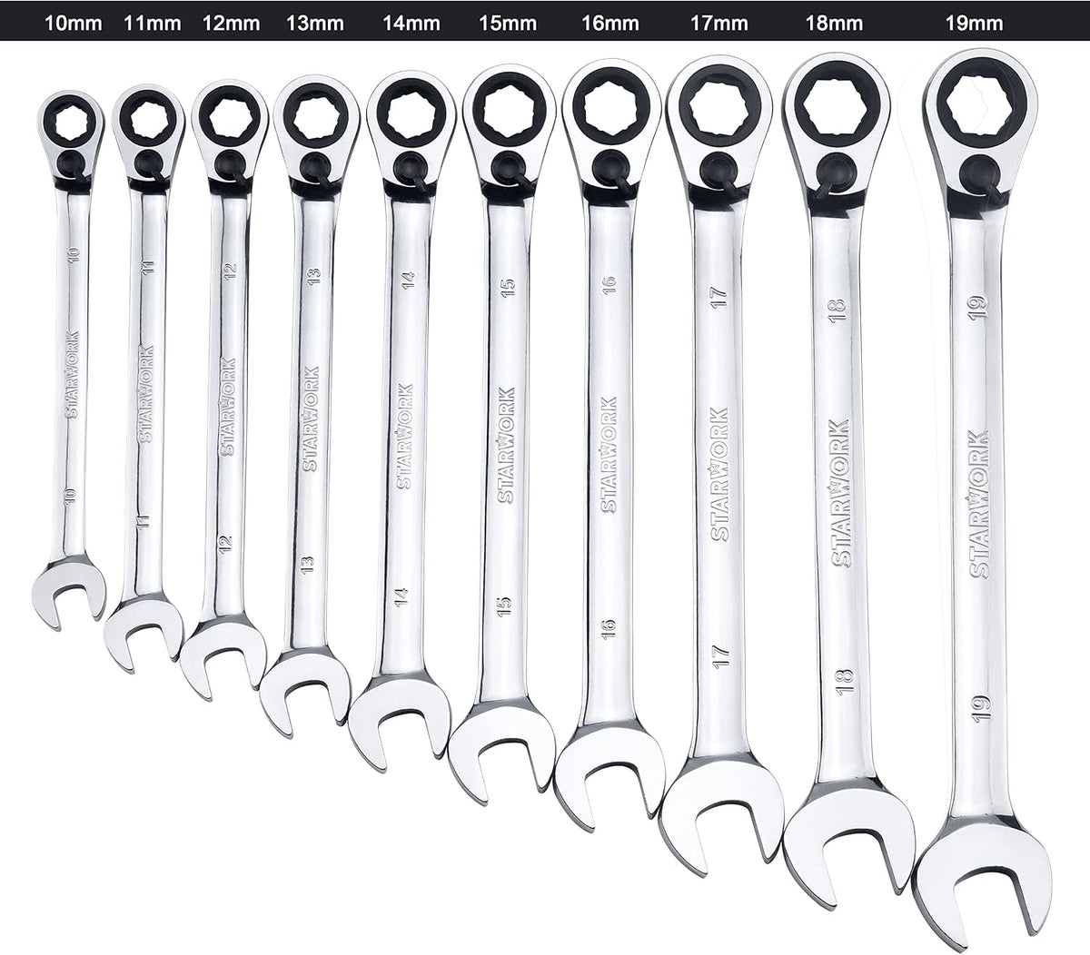 STARWORK TRUE MECHANIC™ 20 Pc. Reversible Ratcheting Wrench Set, Combination Ratchet Wrench Set, Non-Slip, Long Pattern, 6-Point 15° Offset, Professional, SAE/Metric (5/16-3/4' & 8-19 mm)