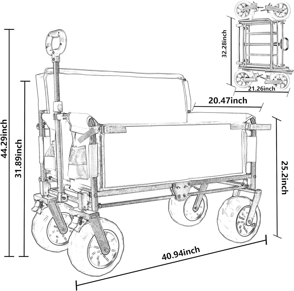 3-in-1 Convertible Folding Wagon Cart with Bench Seat & 180L Storage - 500lbs Heavy-Duty All-Terrain Wagon for Camping, Beach, Sports & Garden Use (Grey+ 9'x4' Wheels)