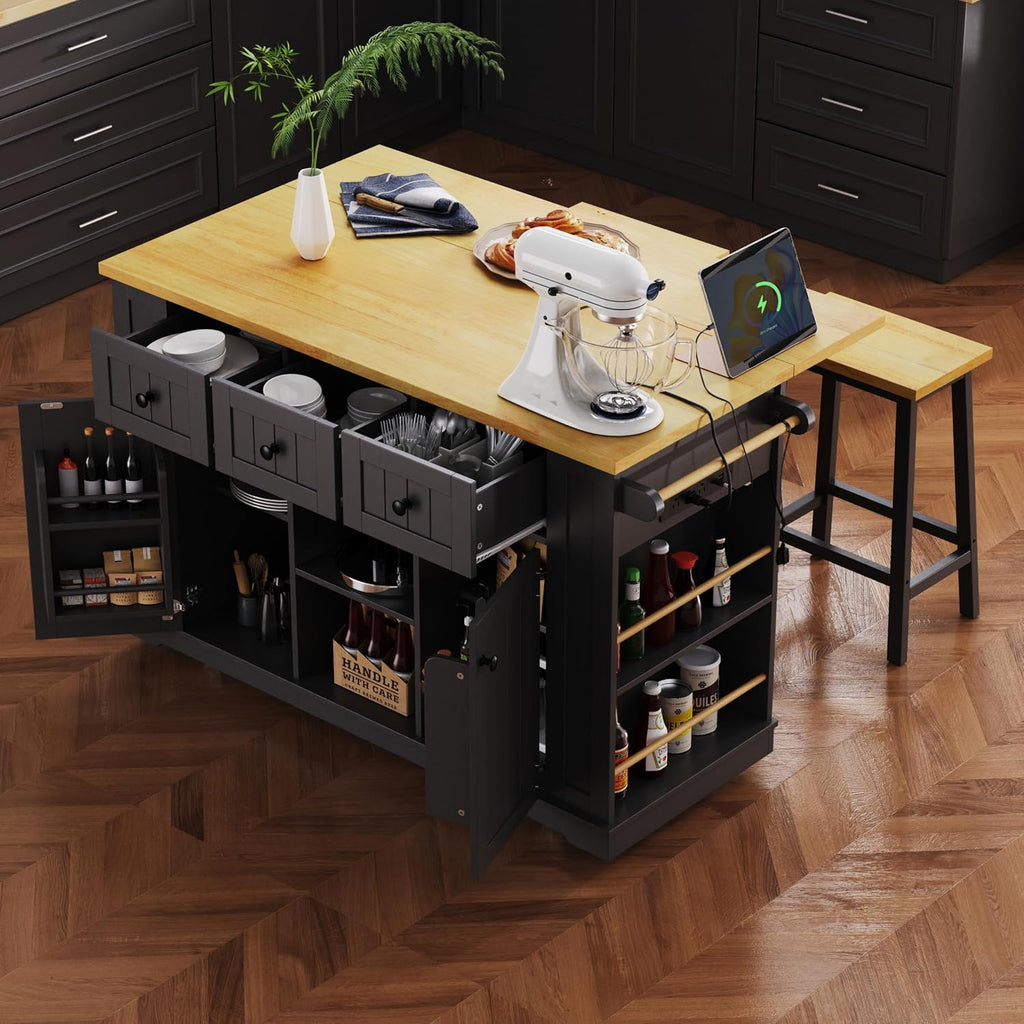 53inch Large Kitchen Island with Drop Leaf, Power Outlet, Internal Storage Rack, Rolling Kitchen Cart On 5 Wheels with 5 Open Side Racks for Kitchen, Dining Room, Black