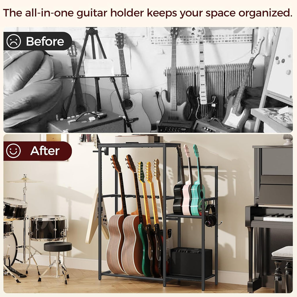 MAHANCRIS Mobile Printer Stand and Guitar Stand Bundle, 3-Tier Industrial Printer Cart with Power Outlets, with Guitar Accessory Holder, EVA Cover, for Home Studio, PTHB78E01-GSHB8701
