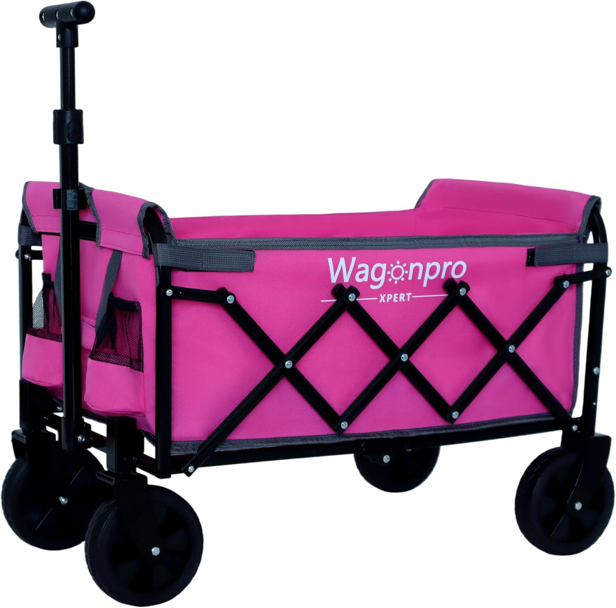 All-in-One Convertible Folding Wagon Cart with Bench Seat, 6' All-Terrain Wheels, Storage Compartment, Lightweight Utility Collapsible Wagon with Dog Tether for Camping, Beach, Grocery (Black+Gray)