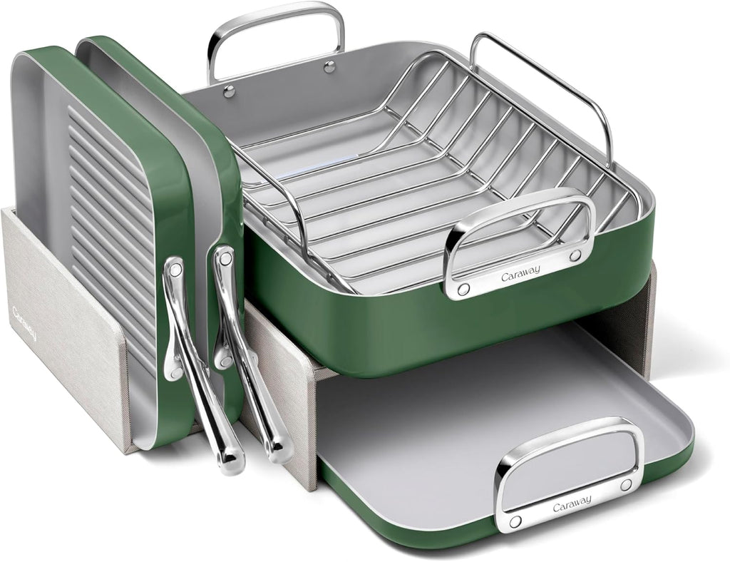 Caraway Square Cookware Set - Square Pans Set - Perfect for Griddling, Toasting, Searing, Roasting, and More - Non-Stick Ceramic Coated Pans - Non Toxic, PTFE & PFOA Free - Sage