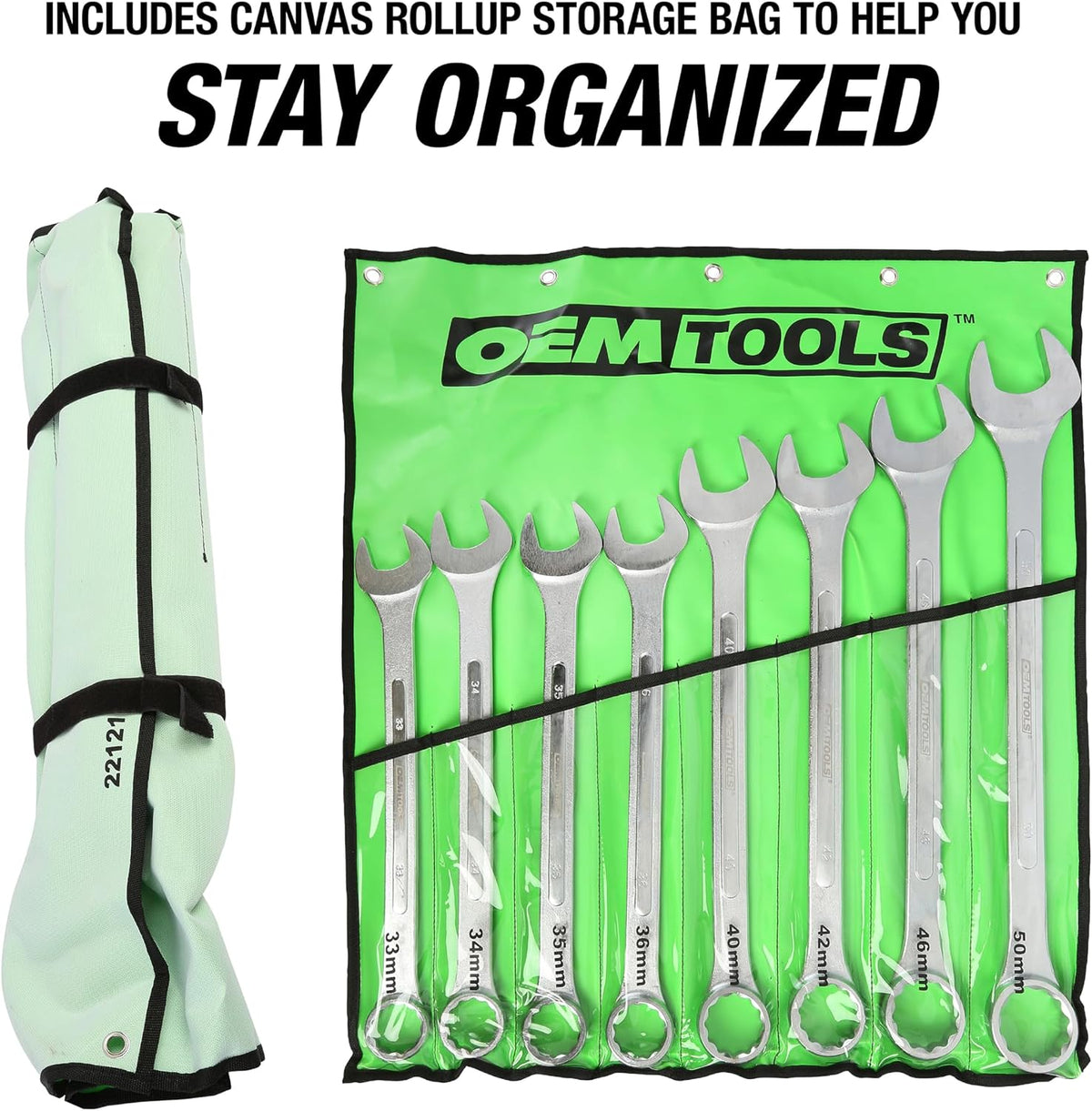 OEMTOOLS 22121 8-PC Metric Jumbo Combination Wrench Set, 33mm-50mm, 12 Pt. Box End Metric Wrench Set, 15° Offset Wrenches, Chrome Plated Finish with Wrench Roll