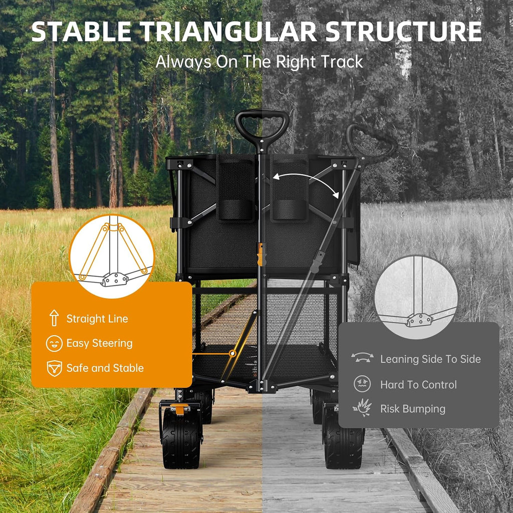 Uyittour Foldable 50''L Extra Long Double Decker Wagon for Sport, 400L Collapsible Heavy Duty Wagon Cart with Big Wheels, Utility All-Terrain Large Extender Cart for Outdoors