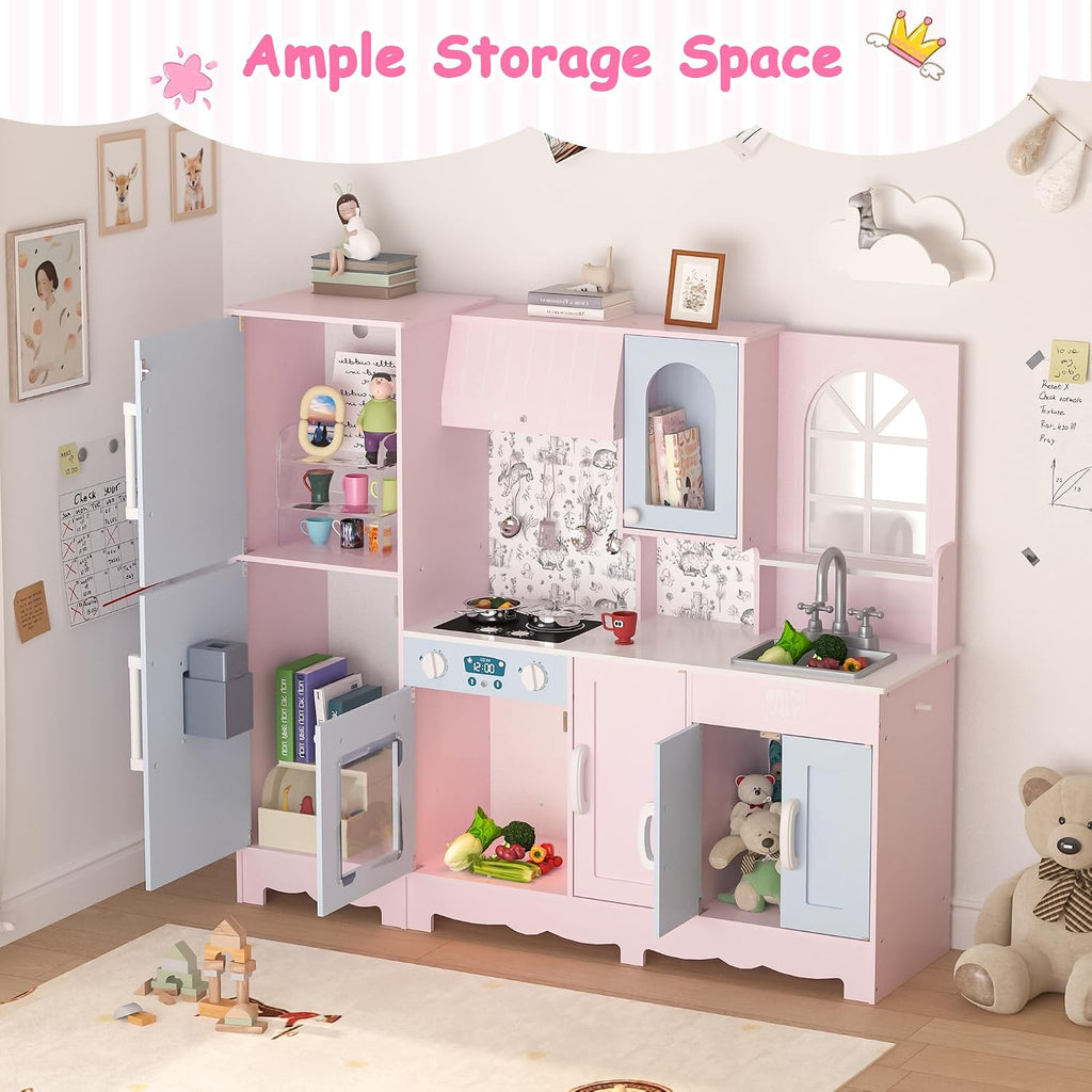 BRINJOY Play Kitchen for Kids, Wooden Kids Kitchen Playset w/Faucet, Sink, Stove, Oven, Window, Cookware, Storage Cabinets, Toddler Role Play Kitchen Pretend Play Toy Set Gift for Girls Boys Ages 3+