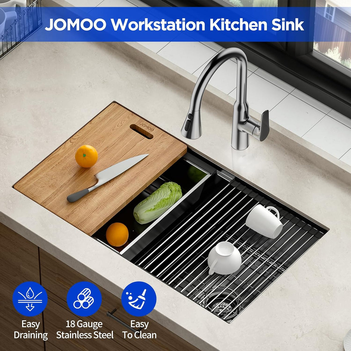 JOMOO 32‑Inch Nano‑Coated Stainless Steel Workstation Sink, 10″ Deep Single Bowl Undermount Kitchen Sinks, Handmade Topmount Sink Set with Accessories for Kitchen, Bar & RV