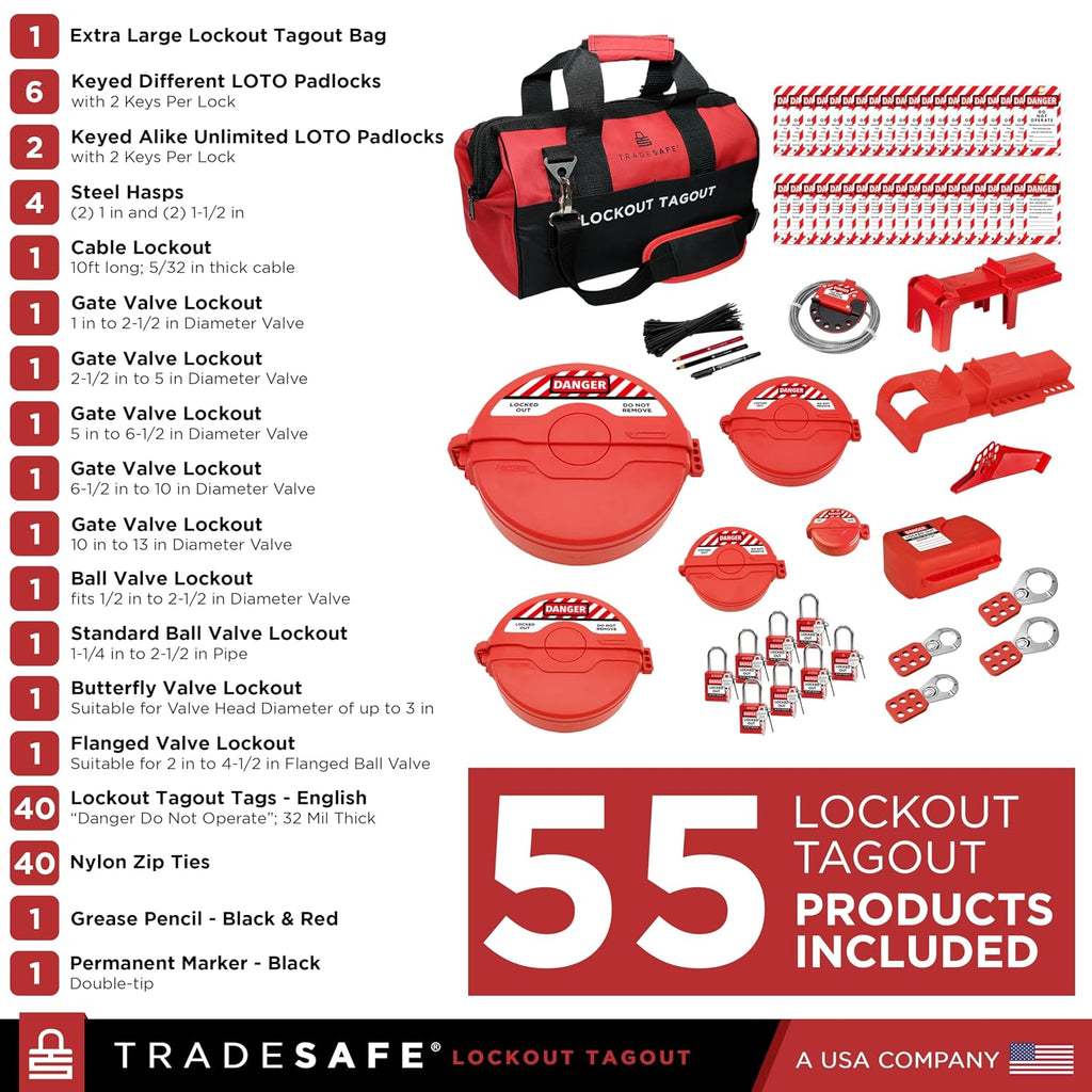 TRADESAFE Valve Lockout Tagout Kit - 55 Loto Devices, Ball, Butterfly, and Gate Valve Lockout Devices, Loto Locks, Cable Lock, Hasps, Tags, OSHA Compliant