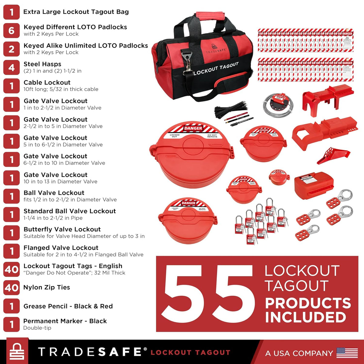TRADESAFE Valve Lockout Tagout Kit - 55 Loto Devices, Ball, Butterfly, and Gate Valve Lockout Devices, Loto Locks, Cable Lock, Hasps, Tags, OSHA Compliant