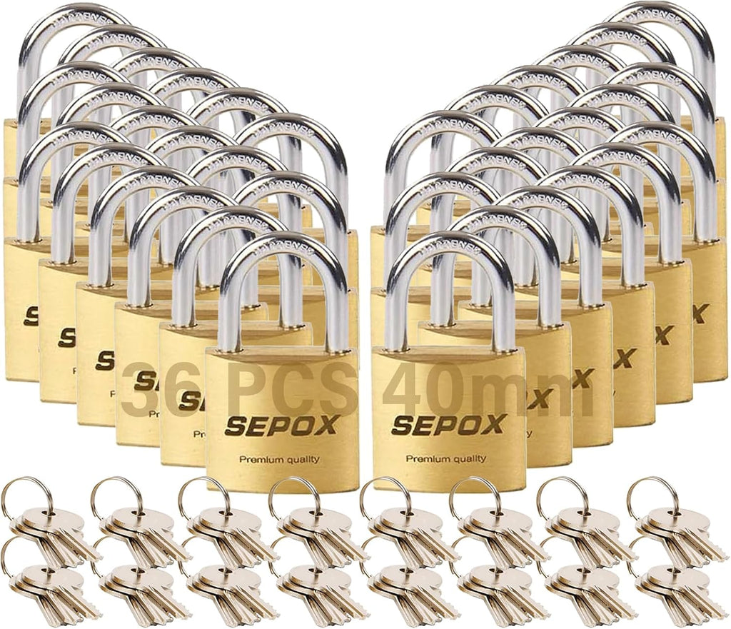 SEPOX® 36 Pcs Pack Solid Brass Padlock with Same Keys 48 Pcs, Heavy Duty & Compact Waterproof Body 40mm 1-9/16',Small Lock & Key with Big Handle, Keyed Alike for School Gym Locker, Hasp, Tool Box