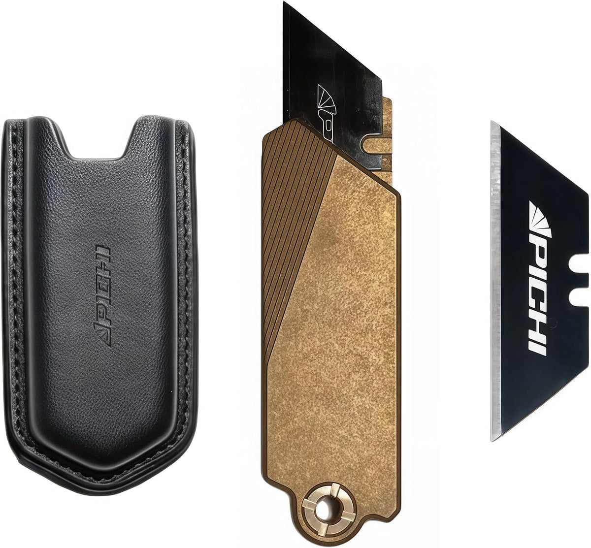 PICHI G9 Brass Utility Knife with Cow Leather Holster and Pocket Clip, CNC Unibody Quick Change Blade, Button Lock, for Men Women Outdoor, Hiking, Camping, with 10 Replaceable Blades
