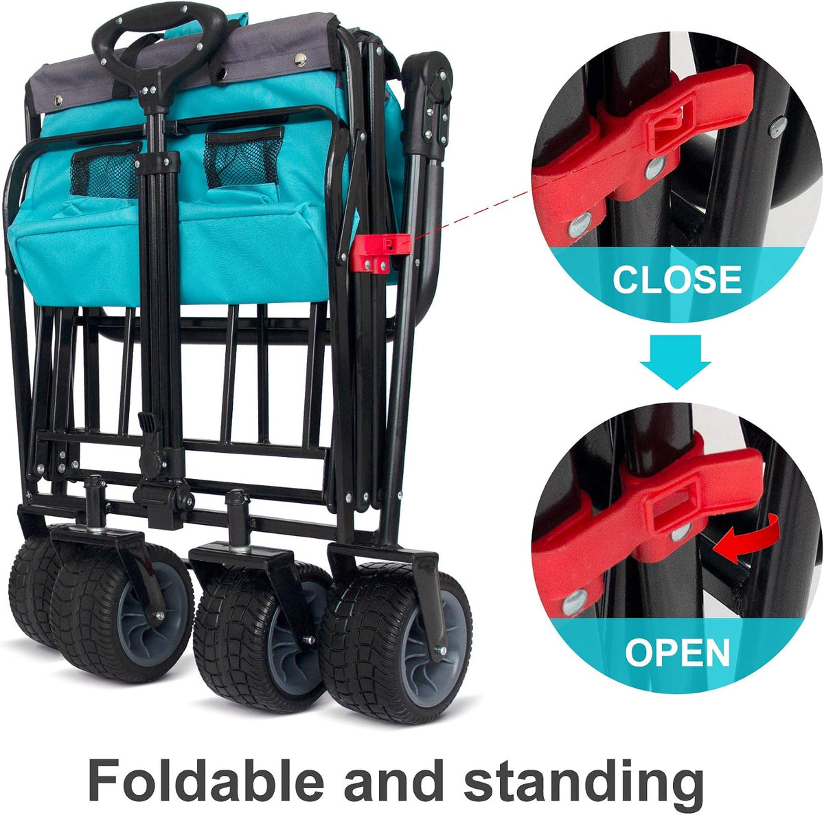 TMZ All Terrain Utility Folding Wagon, Collapsible Garden Cart, Heavy Duty Beach Wagon, for Shopping, Camping, and Outdoor Activities with Push Handle and Brake (Turquoise/Grey)