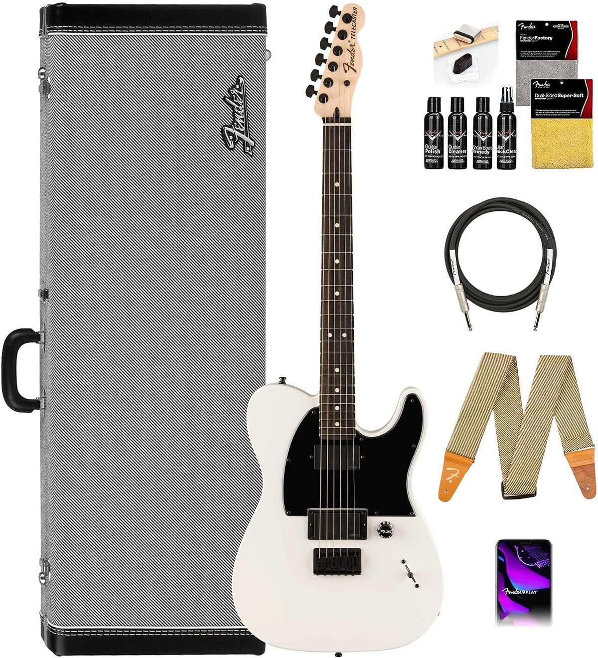 Fender Jim Root Telecaster - Flat White Bundle with Deluxe Black Tweed Hard Case, Cable, Strap and Guitar Cleaning Kit