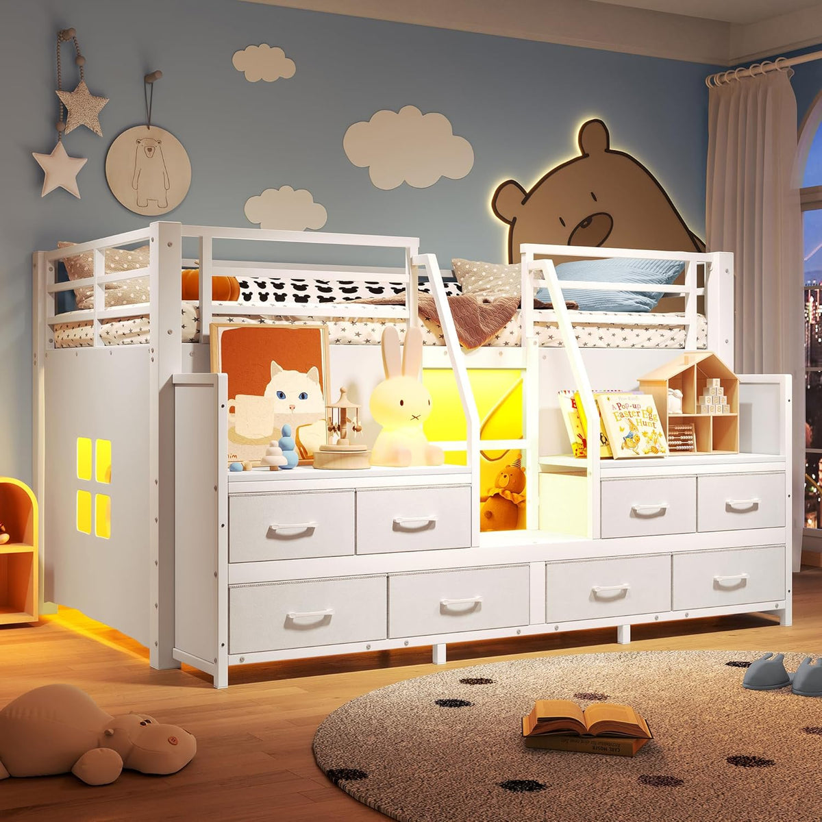 Metal Low Loft Bed with 8 Drawers & Storage Shelves, Heavy Duty Loft Bed Frame with LED Light, Playhouse Bed for Kids, Boys & Girls, White