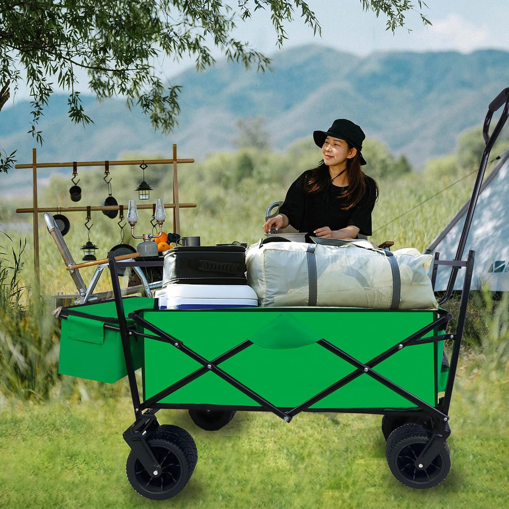 Outdoor Garden Park Wagon with Canopy and Pockets, Foldable Portable Utility Beach Trolley Cart with 7' Wheels for Camping Garden Sports (262LBS Max Weight Capacity) Grass Green As Shown