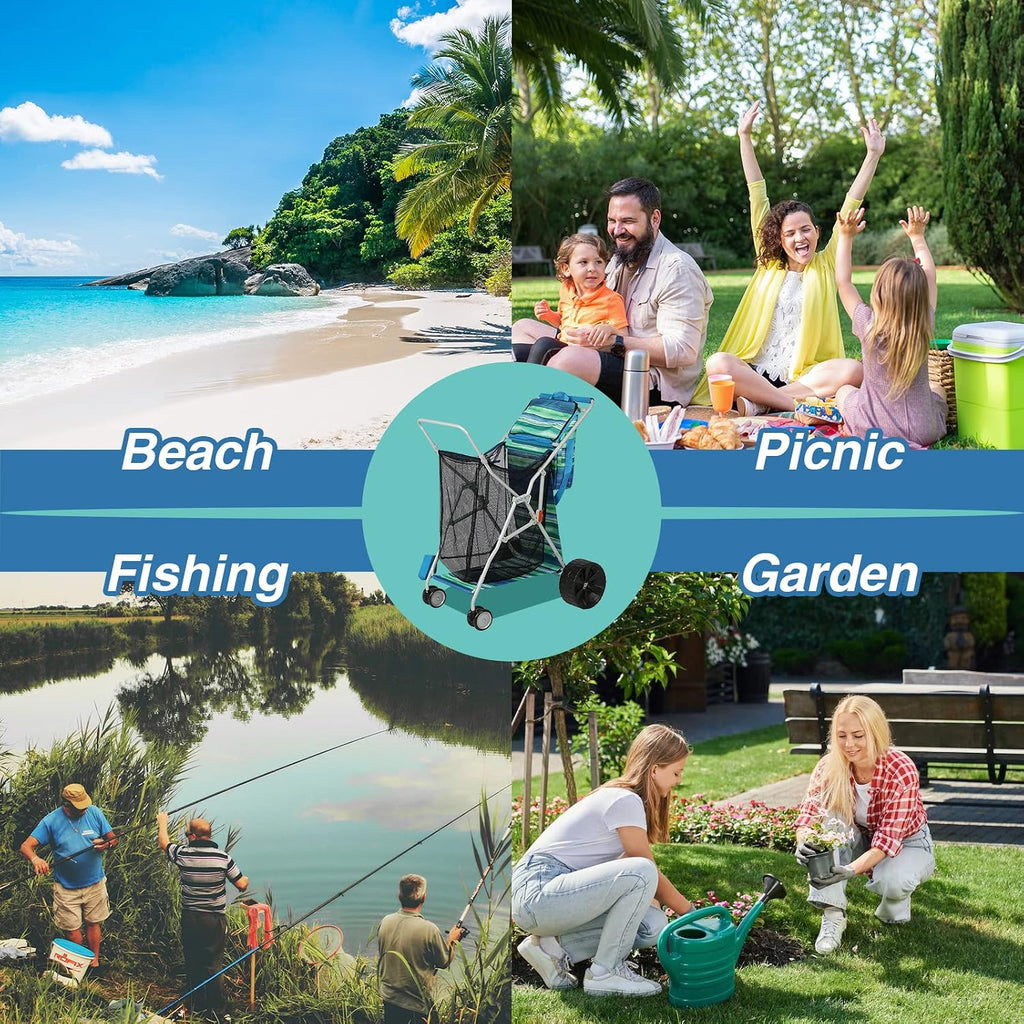 Old Bahama Bay Beach Cart with Big Wheels for Sand, Folding All Terrain Wheels Beach Wagon with Cooler Bag Umbrella Holder, Big Mesh Storage Capacity for Outdoor Camping, Supports 100lbs, Blue/Green