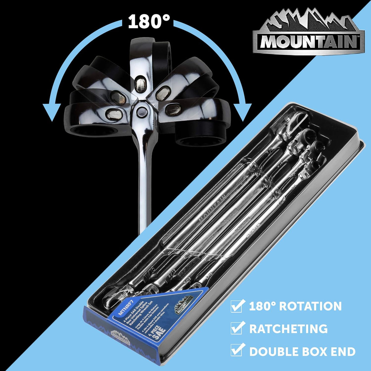Mountain RF7 SAE Reversible Double Raised Box Ratcheting Wrench Set, Universal Spline, 90 Tooth Design, 180 Degree Rotating Head, Sizes 5/16', 3/8', 7/16', 1/2', 9/16' 5/8', 11/16', 3/4', 4-Piece