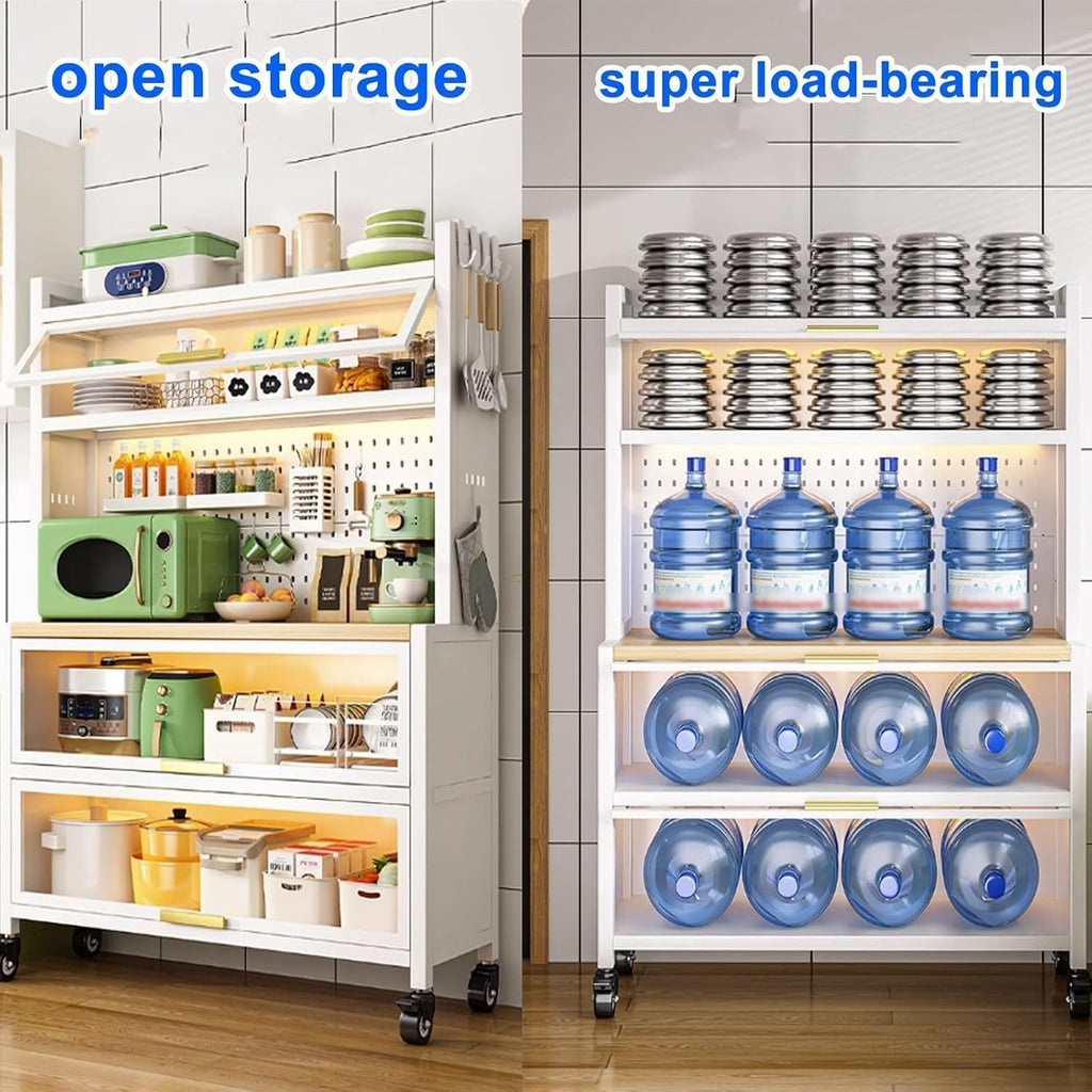 Freestanding Multi-Layer Kitchen Floor Cupboard，Microwave Storage Stand,Kitchen Cabinet Storage, Bakers Rack with Power Outlets, 5-Tier Kitchen Storage Shelf, Large Kitchen Storage Shelves w