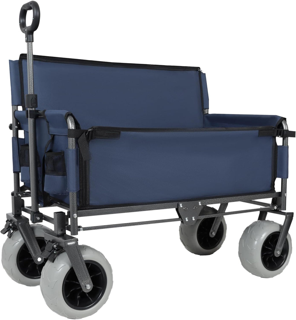 3-in-1 Convertible Folding Wagon Cart with Bench Seat & 180L Storage - 500lbs Heavy-Duty All-Terrain Wagon for Camping, Beach, Sports & Garden Use (Dark Blue +9'x4' Wheels)