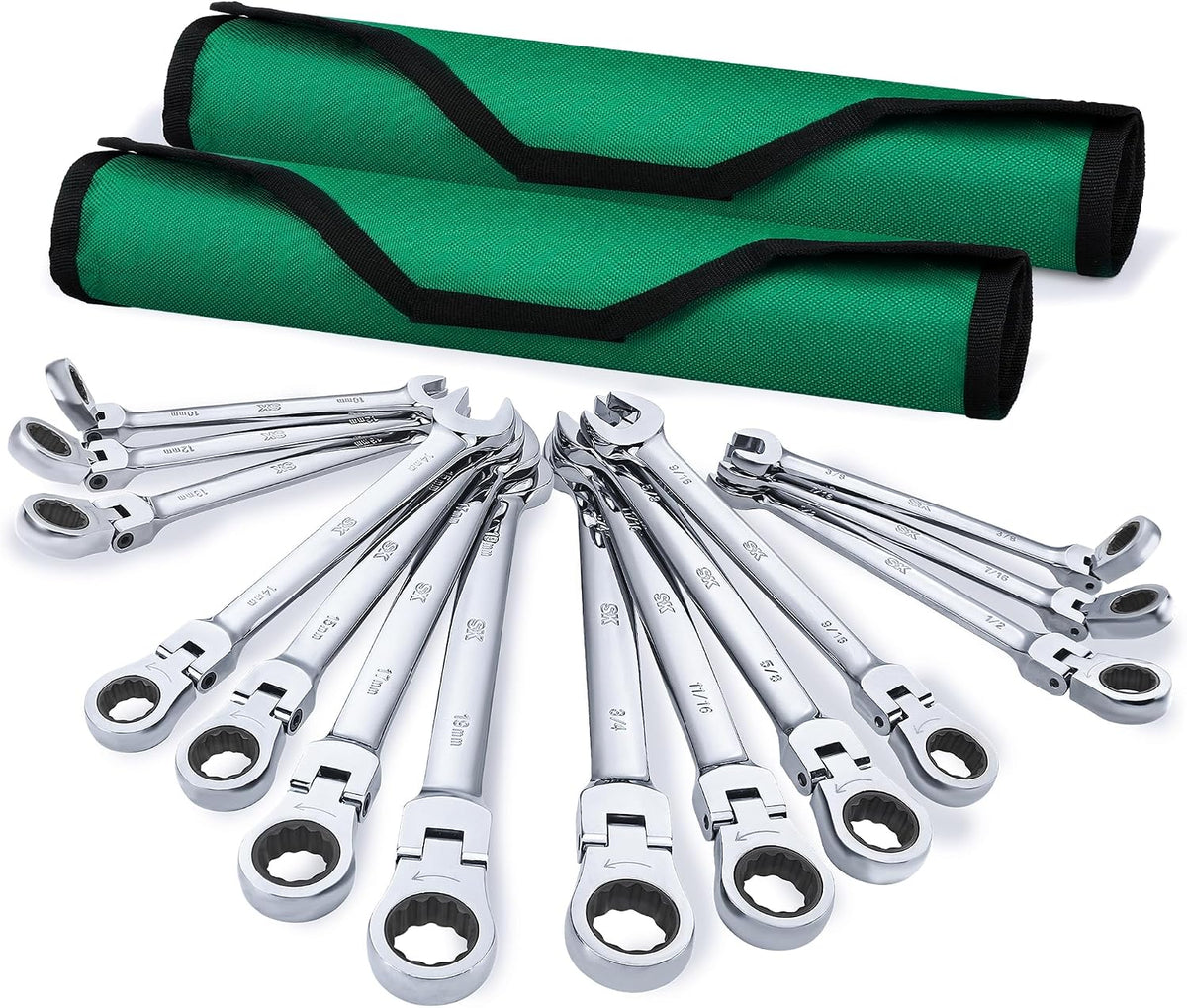 SK Flex-Head Ratcheting Wrench Set, Combination Wrench Set, 14-Piece, SAE 3/8' to 3/4', Metric 10 to 19mm, 72-Tooth, Premium CR-V Construction, with Rolling Pouch