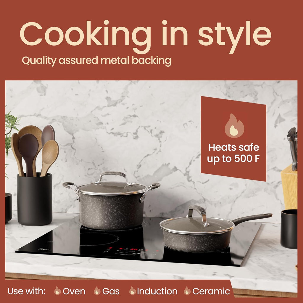 Pots and Pans Set, 22-Piece Non Stick Cookware & Bakeware Sets with Plaid Pattern, Stackable Design, Dishwasher Safe, Stain-resistant, Oven & All-Stove Safe, Tempered Glass Lid, Dark Gray
