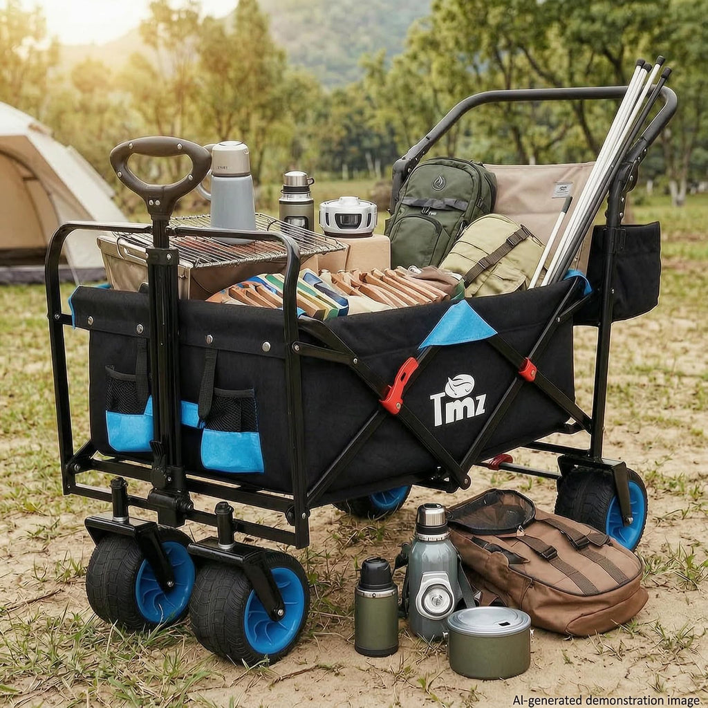 TMZ All Terrain Wide Wheel Utility Folding Wagon, Collapsible Garden Cart, Heavy Duty Beach Wagon Trolley with Adjustable Push Handle and Brake, 90 L Storage, Load of 120KG(Black/Blue)