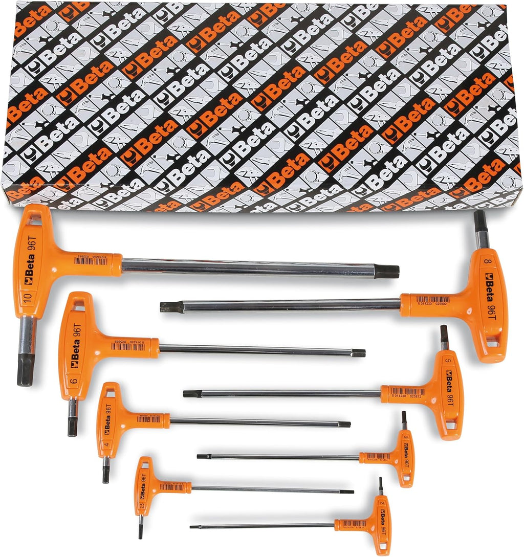 Beta 96T/S8 2-10mm Metric T-Handle Hex Key Wrenches | Set of 8 | High Torque Ergonomic Allen Wrench with Dual Hex Tips | Drop Prevention Hole | Industrial Strength | Made in Italy