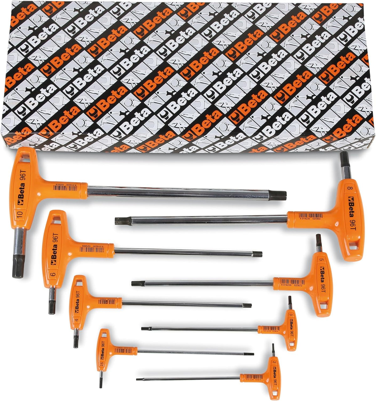 Beta 96T/S8 2-10mm Metric T-Handle Hex Key Wrenches | Set of 8 | High Torque Ergonomic Allen Wrench with Dual Hex Tips | Drop Prevention Hole | Industrial Strength | Made in Italy