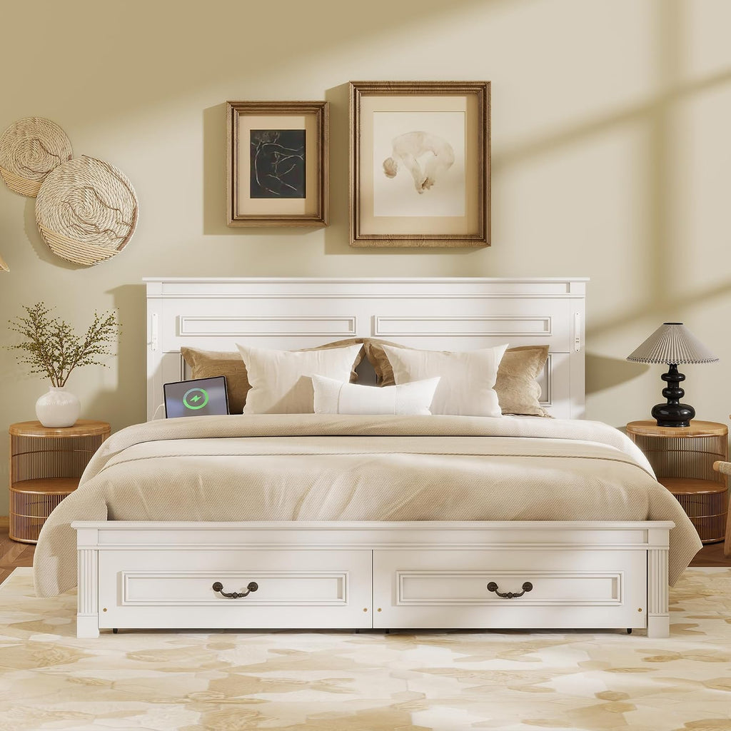King Size Platform Bed with 2 Drawers, LED Light & Charging Station, Sturdy Wood Bed Frame with Headboard, No Box Spring Needed, Elegant Rustic Style, White