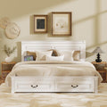 King Size Platform Bed with 2 Drawers, LED Light & Charging Station, Sturdy Wood Bed Frame with Headboard, No Box Spring Needed, Elegant Rustic Style, White