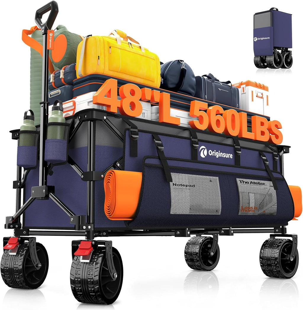 Originsure 48' L Collapsible Beach Wagon Cart Foldable, 560LB Weight Capacity 300L Heavy Duty Folding Wagons with Big All-Terrain Wheels, Utility Carts for Groceries, Camping, Sports - Grey&Purple