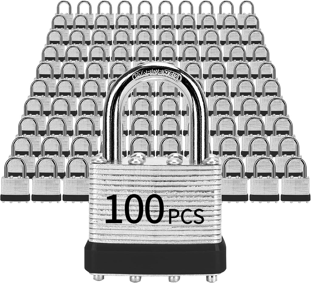 Padlocks with Same Key, LQYN 100 Pcs Laminated Keyed Padlock (1-9/16', 40mm), Keyed Alike Locks, Normal Shackle, for Storage Locker, Hasp Latch, Toolbox, Sheds