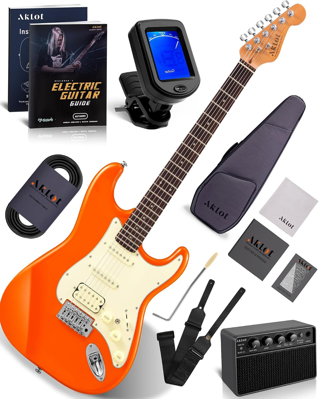 AKLOT Beginner Electric Guitar Kit: 10W Amp, Coil-Split HSS Pickups, Lesson Book, Roasted Maple Neck, Gig Bag, Tuner, Strap, Picks, Stryde Blaze Orange