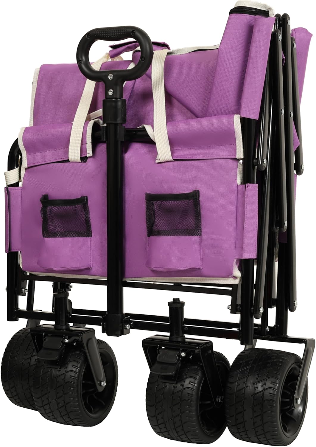 3-in-1 Convertible Folding Wagon Cart with Bench Seat & Storage - Includes 1 ice Pack, 500lbs Heavy-Duty Utility Wagon, All-Terrain Wheels for Camping, Beach, Sports, Garden (Purple)