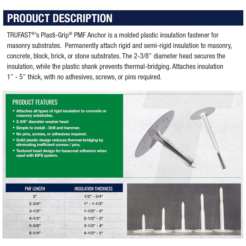 TruFast 4.5' Plasti-Grip PMF Fastener (250 EA) White Plastic Heavy-Duty Insulation Anchors for Securing on Masonry, Brick, Concrete, and Stone Walls