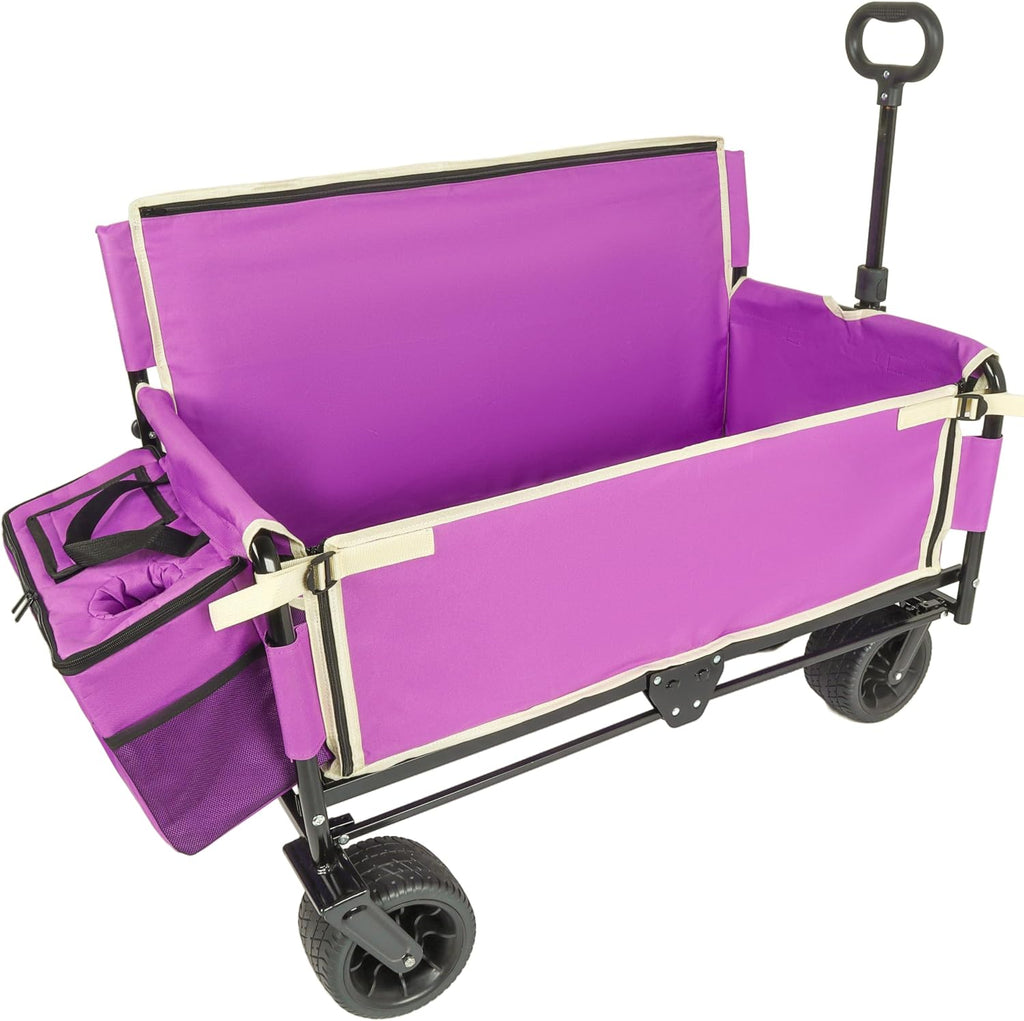 3-in-1 Convertible Folding Wagon Cart with Bench Seat & Storage - Includes 1 ice Pack, 500lbs Heavy-Duty Utility Wagon, All-Terrain Wheels for Camping, Beach, Sports, Garden (Purple)