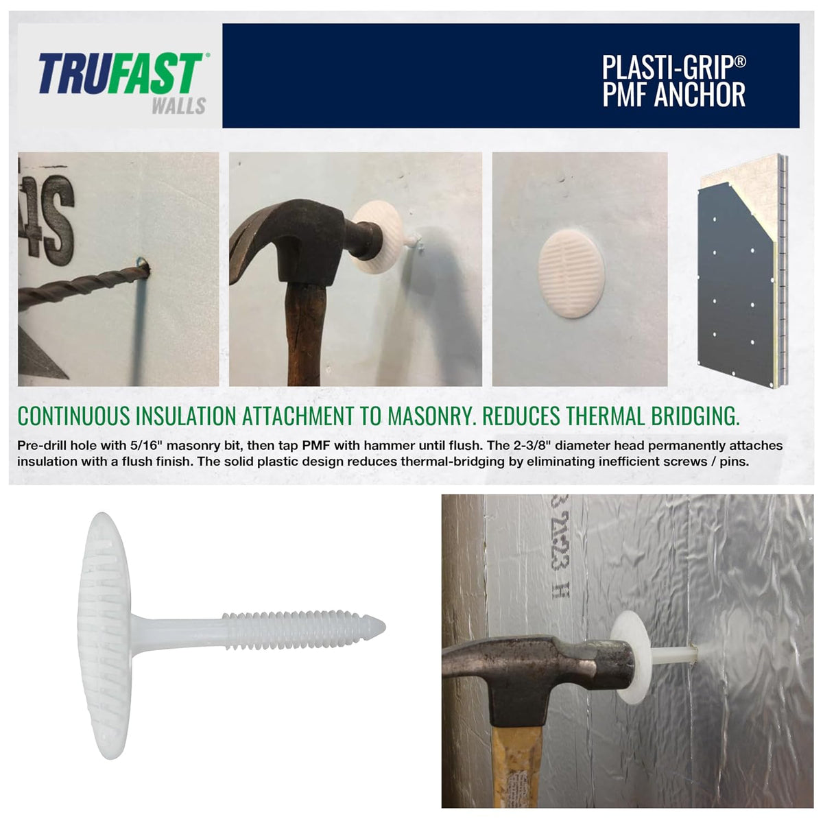 TruFast 5-3/8' Plasti-Grip PMF Fastener (200 EA) White Plastic Heavy-Duty Insulation Anchors for Securing on Masonry, Brick, Concrete, and Stone Walls