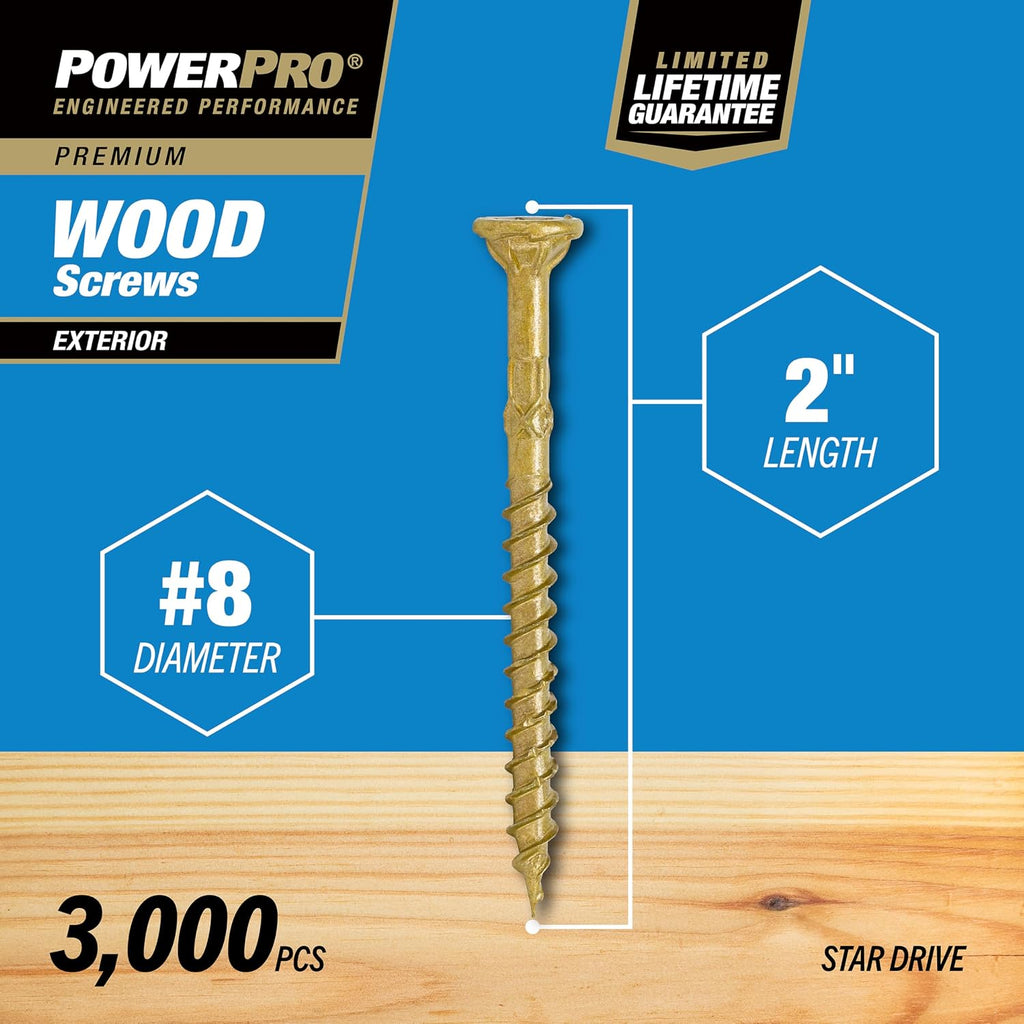 Power Pro Premium Exterior Wood Screws, #8 x 2 Inch All-Purpose Deck Screws for Outdoor Projects, T-25 Star Bit Included, Bronze, 3000 Pieces | 967775