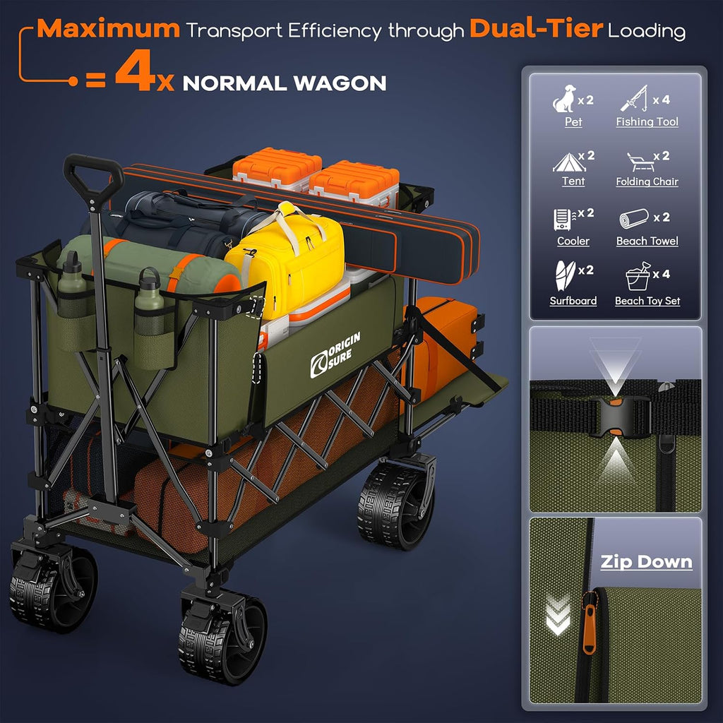 Originsure 400L Double Decker Wagon Collapsible with 54' L Tailgate, 560lbs Heavy Duty Carts Foldable, Extra Large Folding Beach Wagon with Big All-Terrain Wheels for Camping, Sports, Groceries, Green