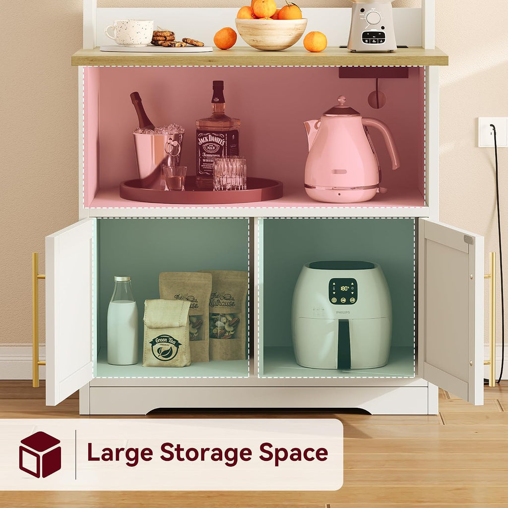 Bakers Rack with Storage Cabinet, Farmhouse Microwave Stand with Power Outlets, Small Kitchen Bakers Rack with Thick Table Top, Coffee Bar Station for Dining Room, White & Peer Wood